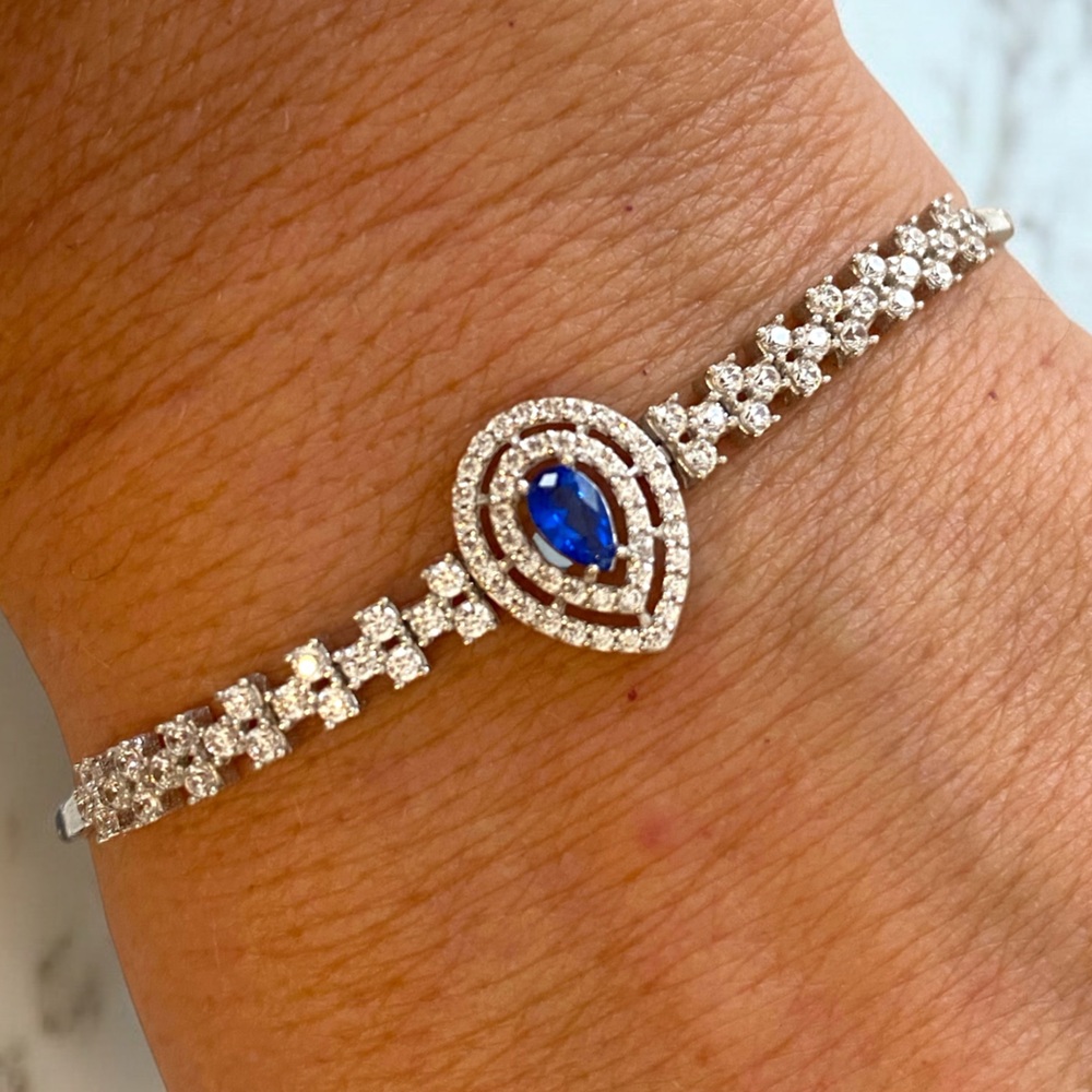 BEAUTIFUL 14K White Gold Teardrop SAPPHIRE and DIAMOND Double Halo 7” Bracelet!!